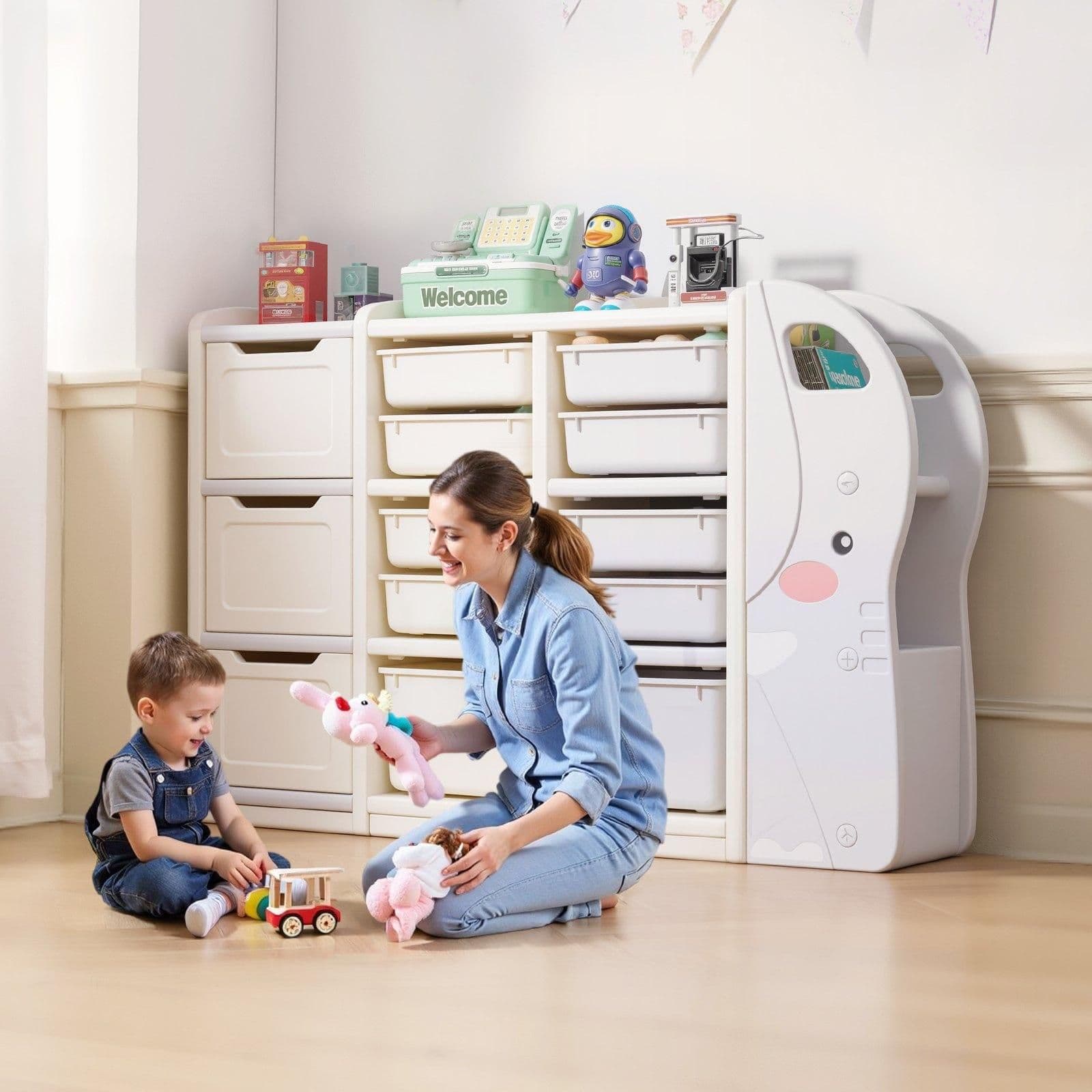 image-VEVOR Kids Toy Storage, 4-Tier Elephant-Shape Toy Storage Organizer with 10 Plastic Movable Bins, Kids Cubby Cabinet Made from HDPE for Study Room, Bedroom, Playroom, Classroom, Nursery, Gray + Beige