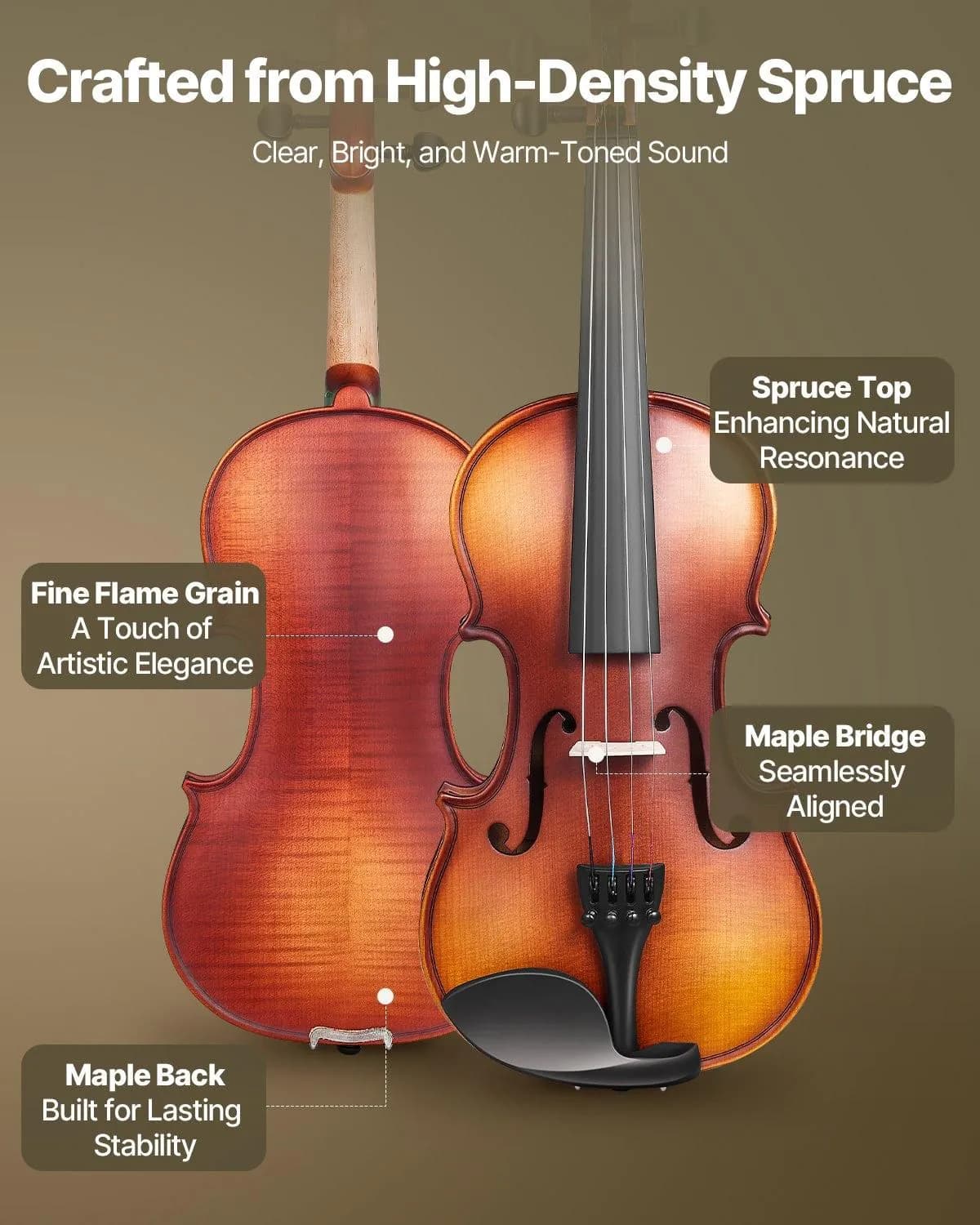 image-VEVOR Violin 4/4 Full Size for Adults, Violin Fiddle Set for Beginners Student with Hard Case, Rosin, Bow, Shoulder Rest,Bridge,Extra Strings,Professional Solidwood Instrument (Matte Brown Patterned)