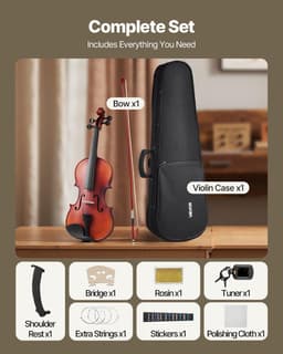 image-VEVOR Violin 4/4 Full Size for Adults, Violin Fiddle Set for Beginners Student with Hard Case, Rosin, Bow, Shoulder Rest,Bridge,Extra Strings,Professional Solidwood Instrument (Matte Brown Patterned)
