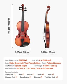 image-VEVOR Violin 4/4 Full Size for Adults, Violin Fiddle Set for Beginners Student with Hard Case, Rosin, Bow, Shoulder Rest,Bridge,Extra Strings,Professional Solidwood Instrument (Matte Brown Patterned)