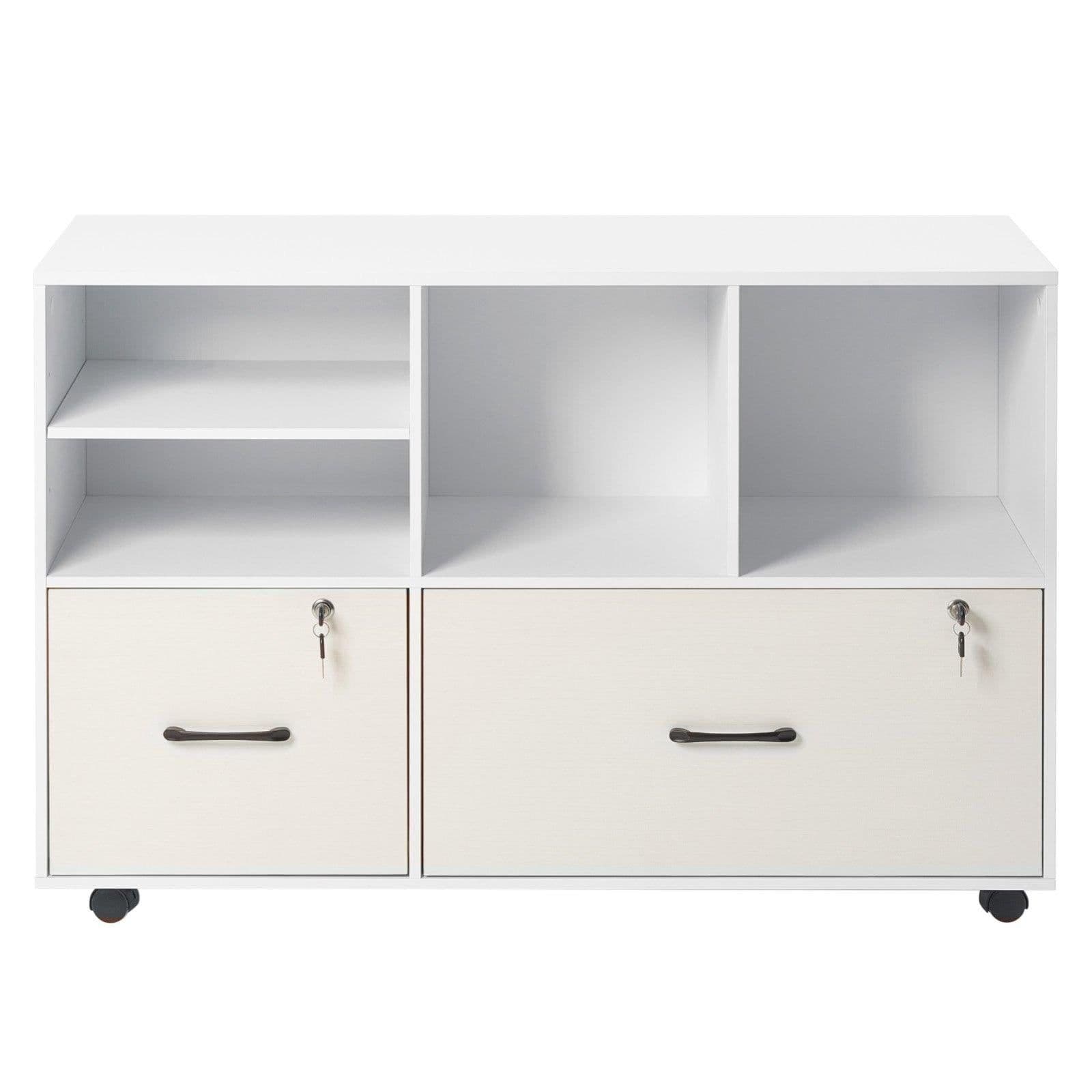 image-VEVOR 2 Drawer Wooden File Cabinet, Mobile Filing Cabinet with Open Shelves, Lockable Lateral Rolling File Storage with Adjustable Shelves, Free Standing Printer Stand for Home Office School, White