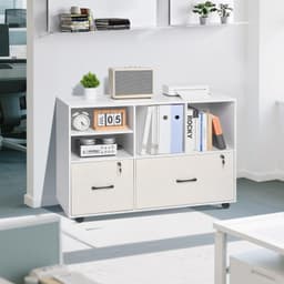 image-VEVOR 2 Drawer Wooden File Cabinet, Mobile Filing Cabinet with Open Shelves, Lockable Lateral Rolling File Storage with Adjustable Shelves, Free Standing Printer Stand for Home Office School, White