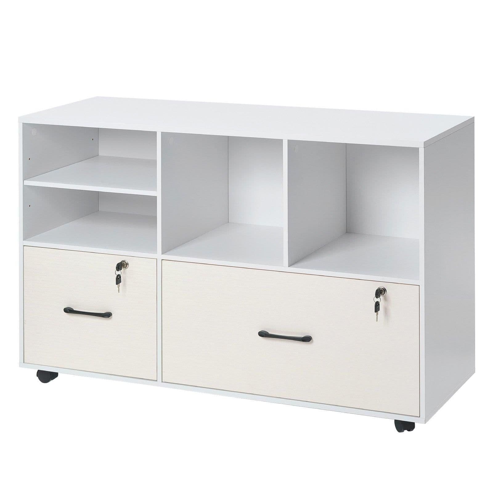 image-VEVOR 2 Drawer Wooden File Cabinet, Mobile Filing Cabinet with Open Shelves, Lockable Lateral Rolling File Storage with Adjustable Shelves, Free Standing Printer Stand for Home Office School, White