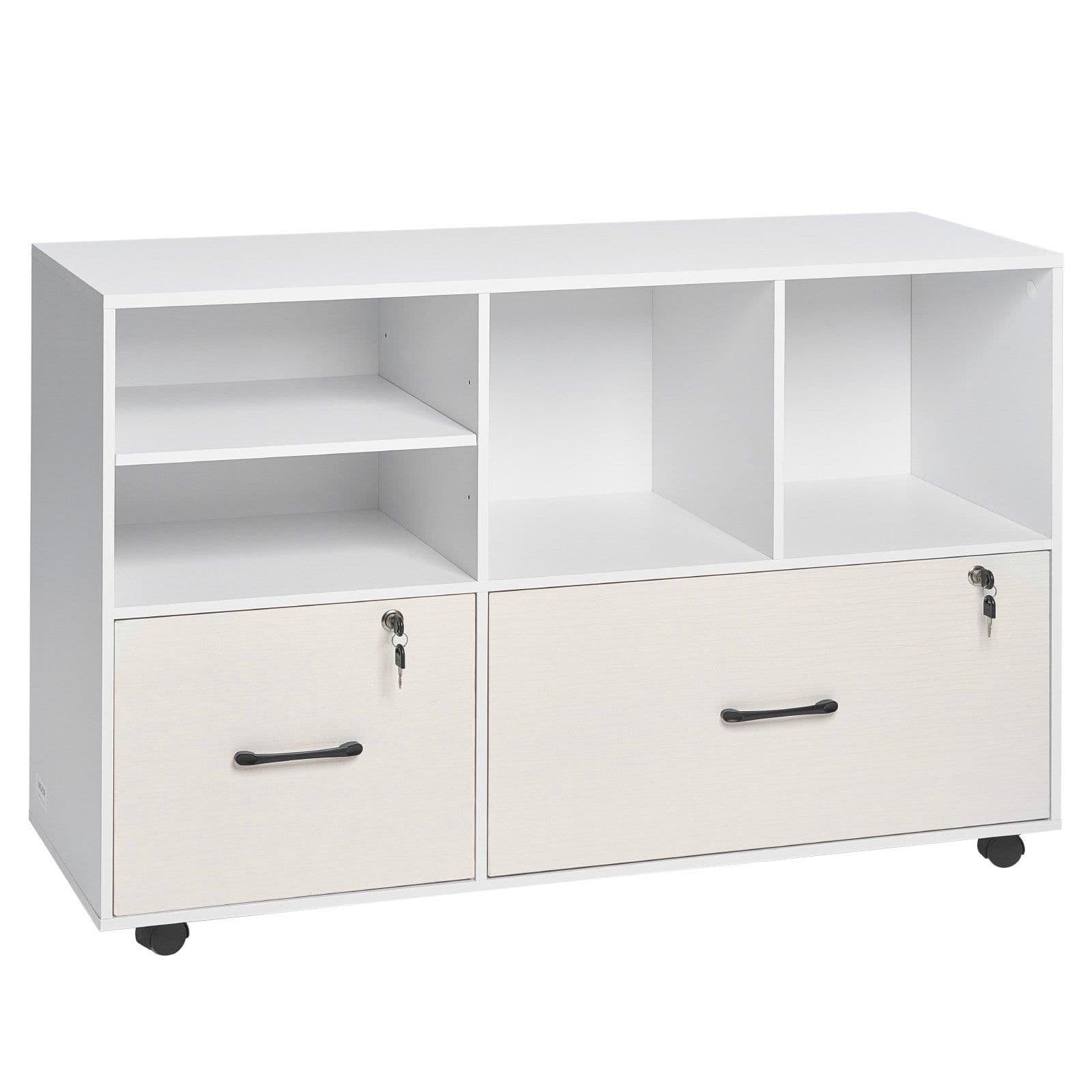 image-VEVOR 2 Drawer Wooden File Cabinet, Mobile Filing Cabinet with Open Shelves, Lockable Lateral Rolling File Storage with Adjustable Shelves, Free Standing Printer Stand for Home Office School, White