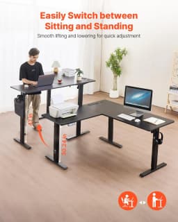 image-VEVOR L Shaped Desk, Electric Adjustable Height Corner Gaming Desk with Dual Hooks and Wheels, Heavy Duty Carbon Steel L-Shaped Computer Table with Power Strip for Home Office, Easy to Assemble, Black