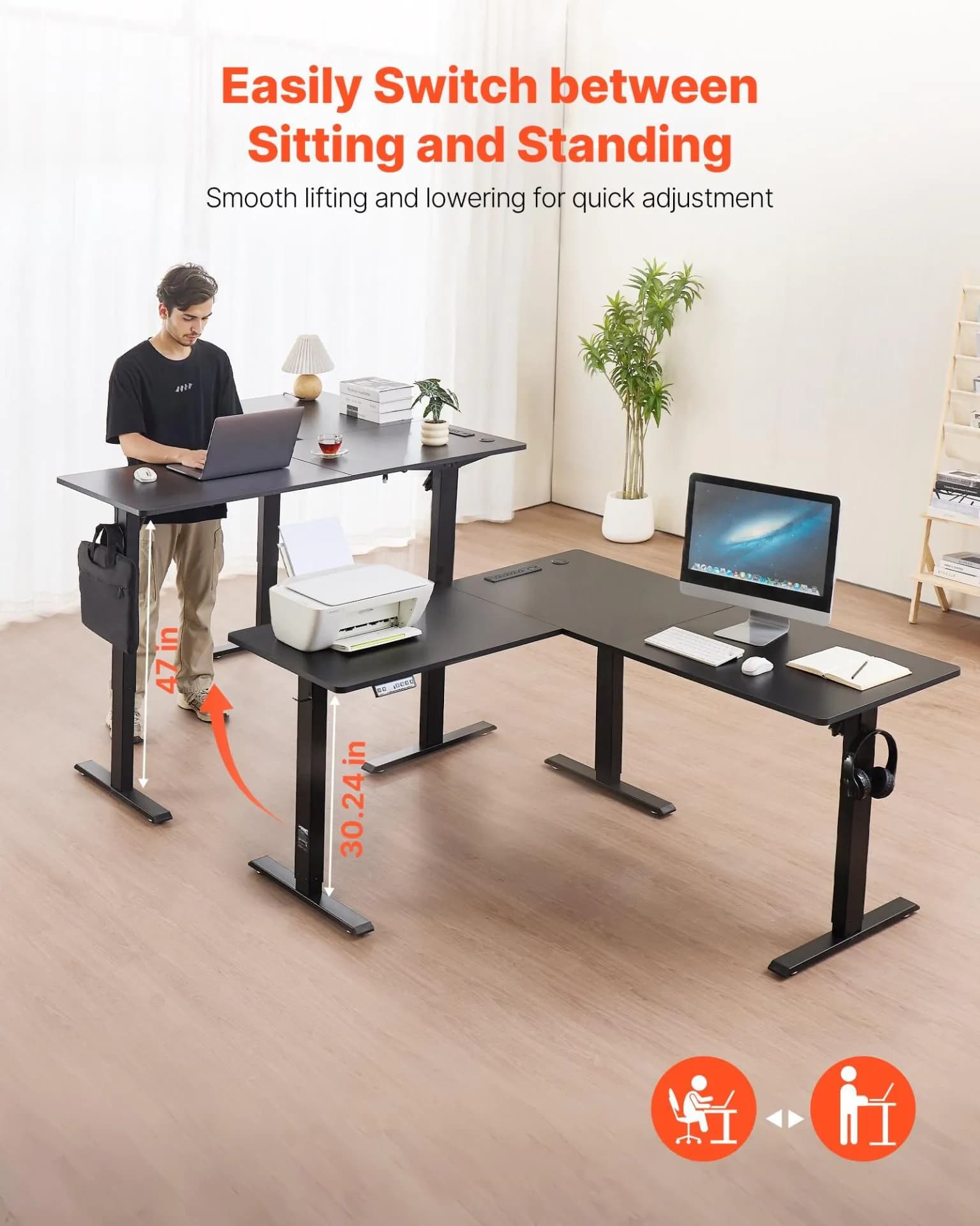 image-VEVOR L Shaped Desk, Electric Adjustable Height Corner Gaming Desk with Dual Hooks and Wheels, Heavy Duty Carbon Steel L-Shaped Computer Table with Power Strip for Home Office, Easy to Assemble, Black