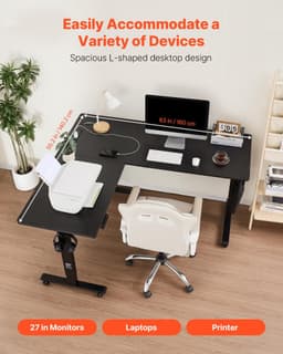 image-VEVOR L Shaped Desk, Electric Adjustable Height Corner Gaming Desk with Dual Hooks and Wheels, Heavy Duty Carbon Steel L-Shaped Computer Table with Power Strip for Home Office, Easy to Assemble, Black