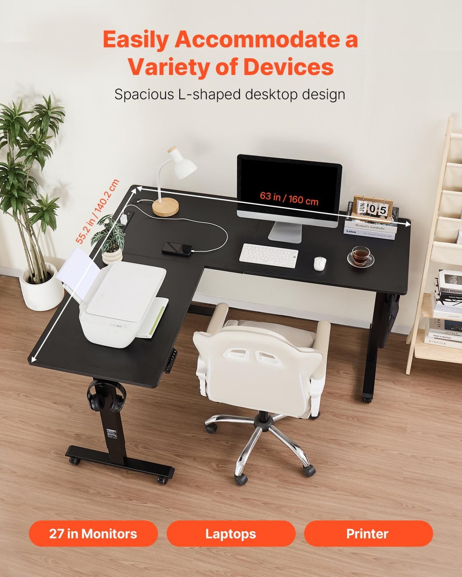 image-VEVOR L Shaped Desk, Electric Adjustable Height Corner Gaming Desk with Dual Hooks and Wheels, Heavy Duty Carbon Steel L-Shaped Computer Table with Power Strip for Home Office, Easy to Assemble, Black