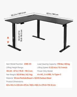 image-VEVOR L Shaped Desk, Electric Adjustable Height Corner Gaming Desk with Dual Hooks and Wheels, Heavy Duty Carbon Steel L-Shaped Computer Table with Power Strip for Home Office, Easy to Assemble, Black