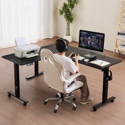 image-VEVOR L Shaped Desk, Electric Adjustable Height Corner Gaming Desk with Dual Hooks and Wheels, Heavy Duty Carbon Steel L-Shaped Computer Table with Power Strip for Home Office, Easy to Assemble, Black
