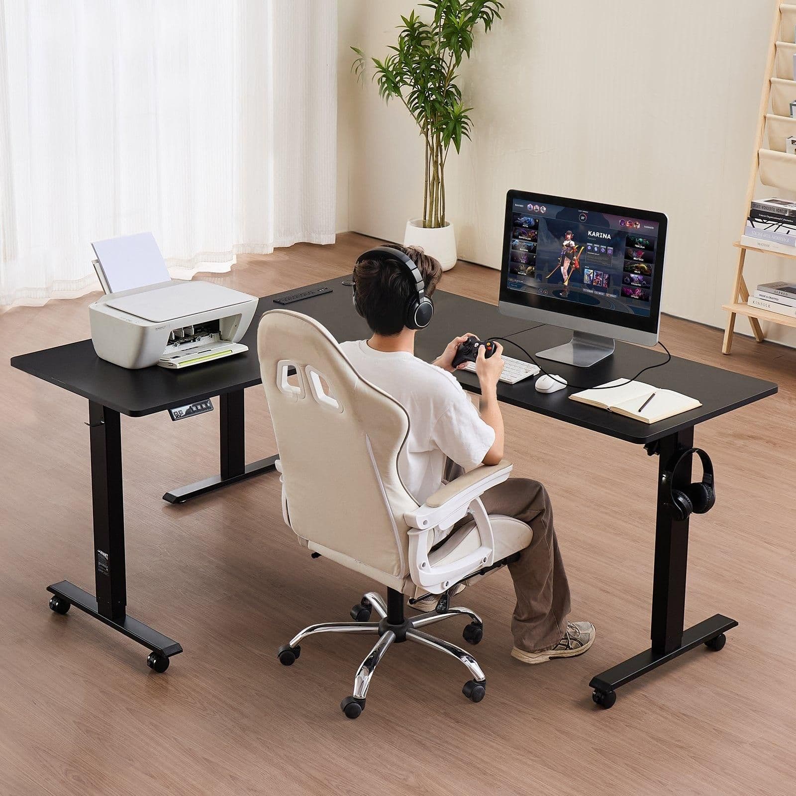 image-VEVOR L Shaped Desk, Electric Adjustable Height Corner Gaming Desk with Dual Hooks and Wheels, Heavy Duty Carbon Steel L-Shaped Computer Table with Power Strip for Home Office, Easy to Assemble, Black