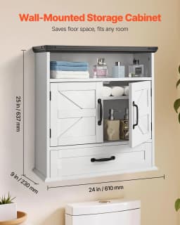 image-VEVOR Bathroom Wall Cabinet, 2 Doors & Adjustable Shelf, Over the Toilet Storage Medicine Cabinet Wall Mounted, Hanging Organizer with Drawer & Open Partition for Laundry Room Kitchen Restroom, White