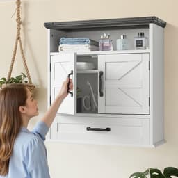 image-VEVOR Bathroom Wall Cabinet, 2 Doors & Adjustable Shelf, Over the Toilet Storage Medicine Cabinet Wall Mounted, Hanging Organizer with Drawer & Open Partition for Laundry Room Kitchen Restroom, White