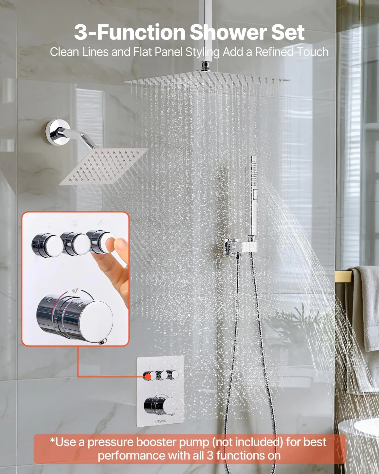 image-VEVOR Shower Faucet Set, 12 Inch Thermostatic Ceiling Mount Rainfall Shower System with 6 Inch Wall Mount Head and 2 in 1 Handheld Spray, 3-Function Dual Rain Head Brass Valve and Trim Kit, Chrome