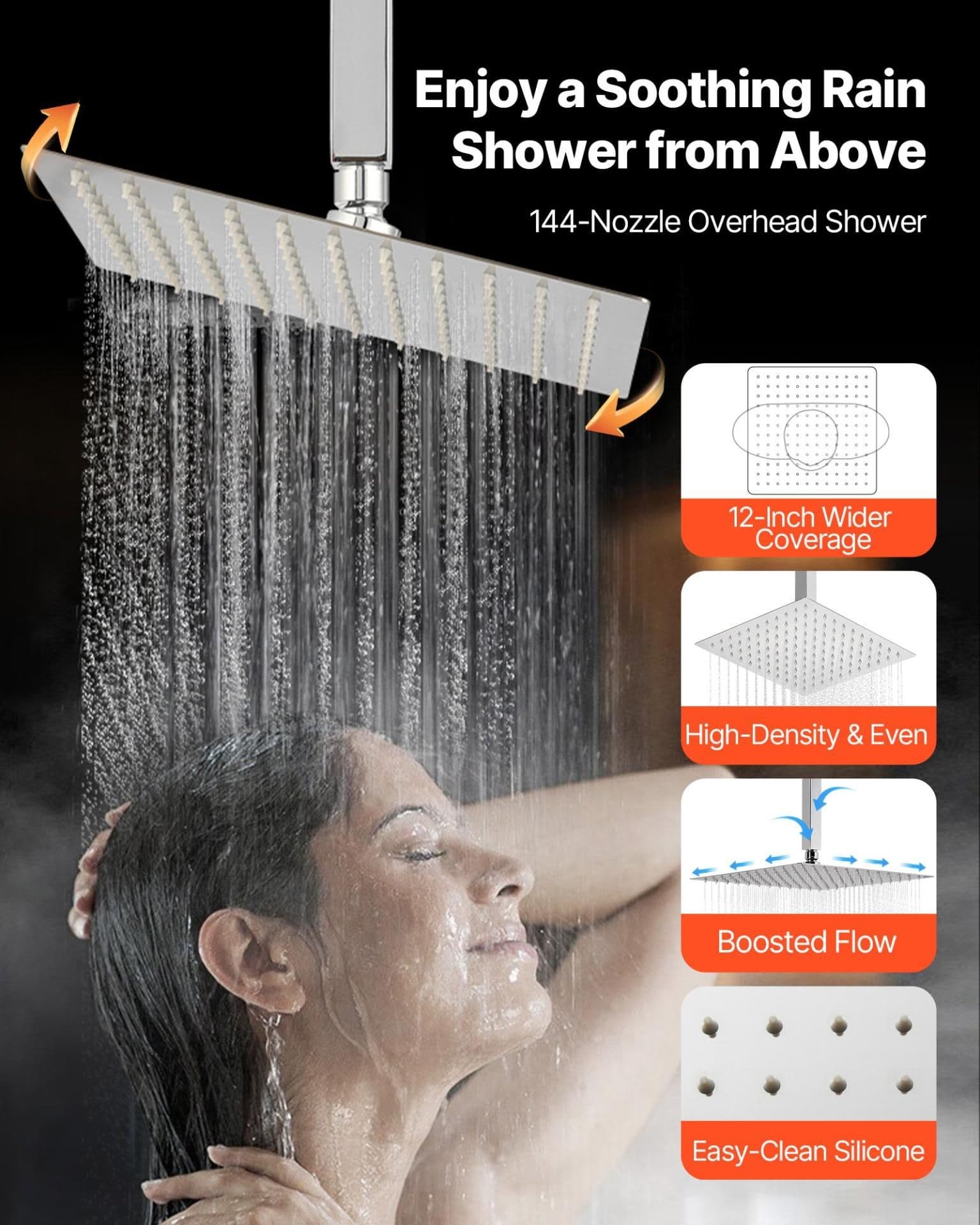 image-VEVOR Shower Faucet Set, 12 Inch Thermostatic Ceiling Mount Rainfall Shower System with 6 Inch Wall Mount Head and 2 in 1 Handheld Spray, 3-Function Dual Rain Head Brass Valve and Trim Kit, Chrome