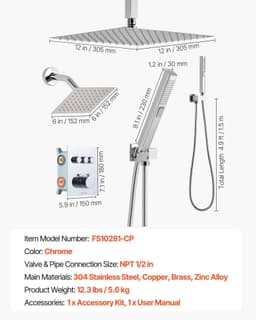 image-VEVOR Shower Faucet Set, 12 Inch Thermostatic Ceiling Mount Rainfall Shower System with 6 Inch Wall Mount Head and 2 in 1 Handheld Spray, 3-Function Dual Rain Head Brass Valve and Trim Kit, Chrome