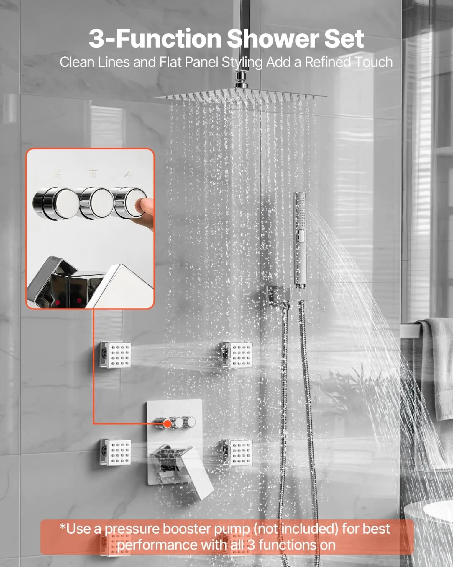 image-VEVOR Shower Faucet Set, 10 Inch Ceiling Mount Rainfall Shower System with 6 Body Jets and 2 in 1 Handheld Spray, Rotatable 3-Function Rain Head System Set, Complete Brass Valve and Trim Kit, Chrome