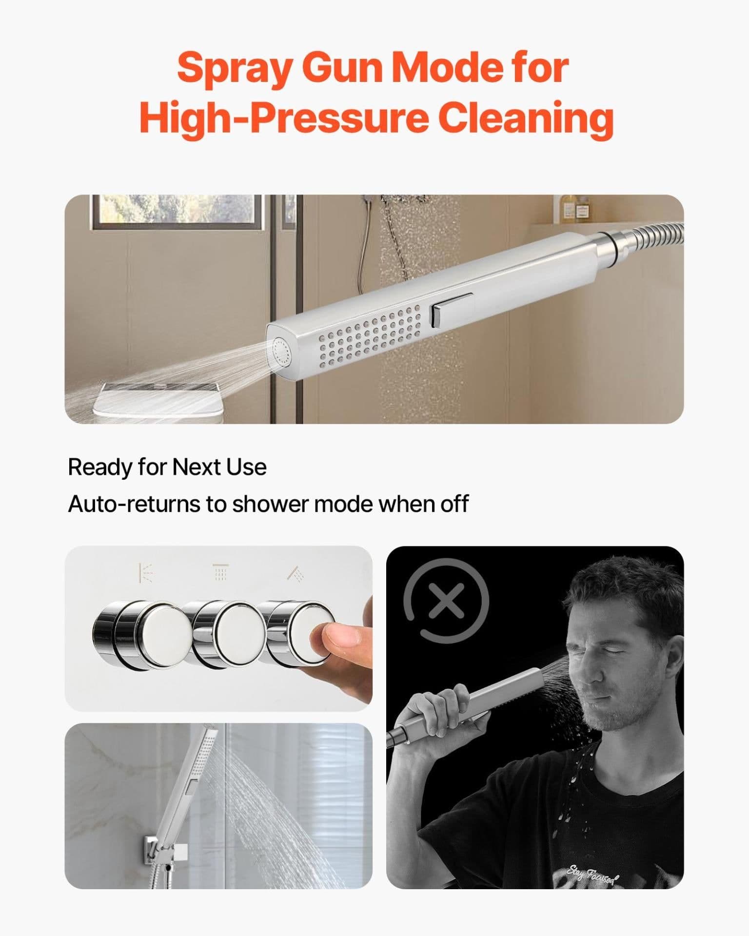 image-VEVOR Shower Faucet Set, 10 Inch Ceiling Mount Rainfall Shower System with 6 Body Jets and 2 in 1 Handheld Spray, Rotatable 3-Function Rain Head System Set, Complete Brass Valve and Trim Kit, Chrome