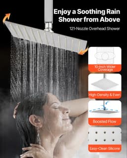 image-VEVOR Shower Faucet Set, 10 Inch Ceiling Mount Rainfall Shower System with 6 Body Jets and 2 in 1 Handheld Spray, Rotatable 3-Function Rain Head System Set, Complete Brass Valve and Trim Kit, Chrome