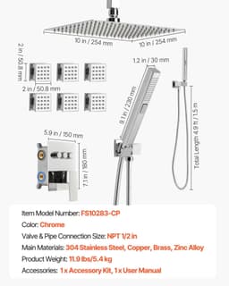 image-VEVOR Shower Faucet Set, 10 Inch Ceiling Mount Rainfall Shower System with 6 Body Jets and 2 in 1 Handheld Spray, Rotatable 3-Function Rain Head System Set, Complete Brass Valve and Trim Kit, Chrome