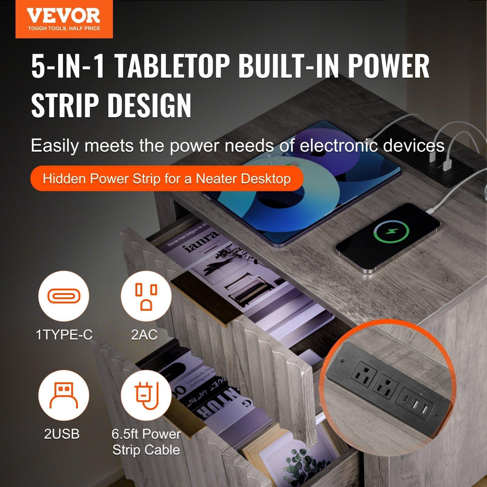 image-VEVOR Farmhouse End Table Set of 2, Nightstand with Charging Station, 3 Tiers Side Table with Storage Cabinet and 2 Drawers, Side Table with USB Ports and Outlets, Ideal for Living Room, Bedroom, Gray