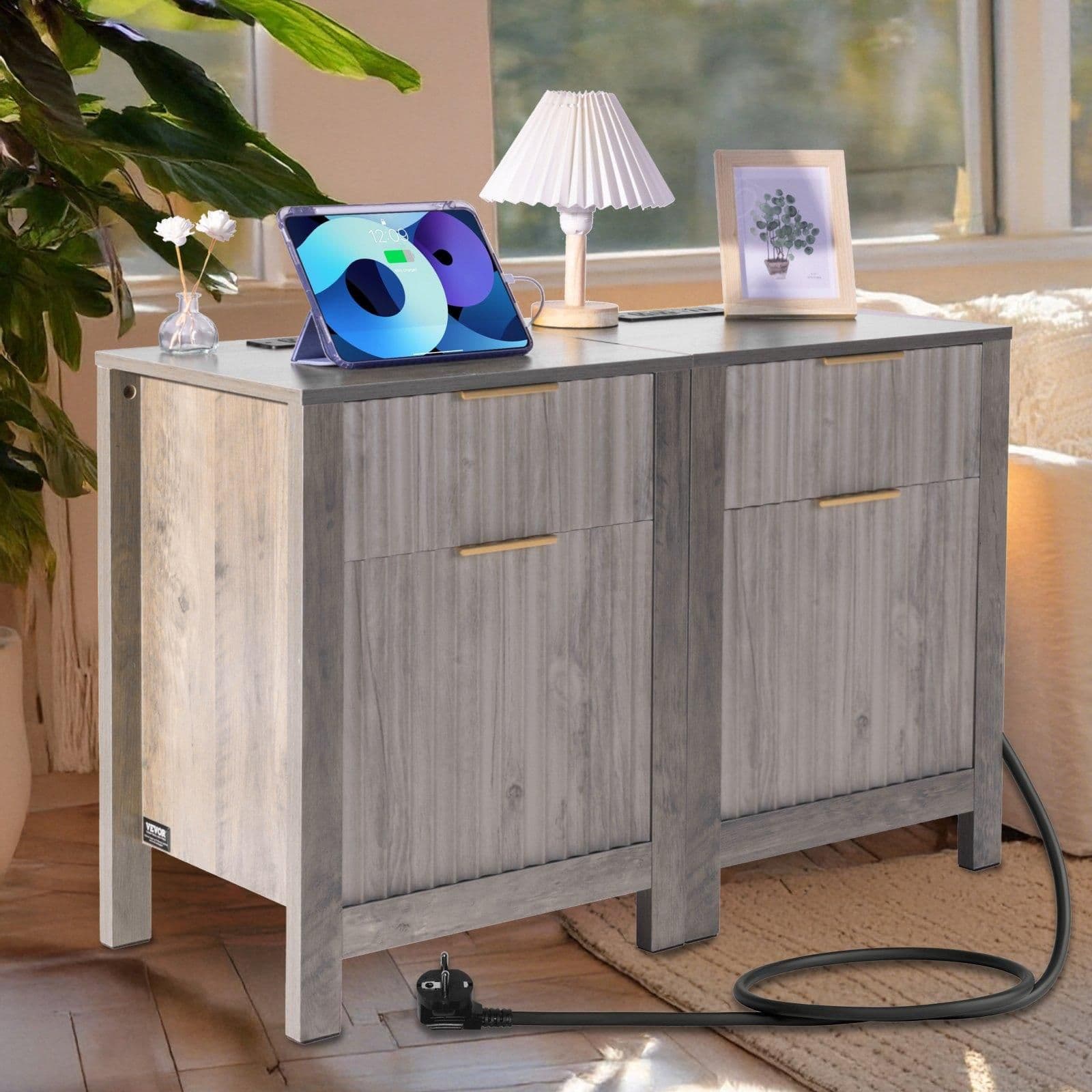 image-VEVOR Farmhouse End Table Set of 2, Nightstand with Charging Station, 3 Tiers Side Table with Storage Cabinet and 2 Drawers, Side Table with USB Ports and Outlets, Ideal for Living Room, Bedroom, Gray