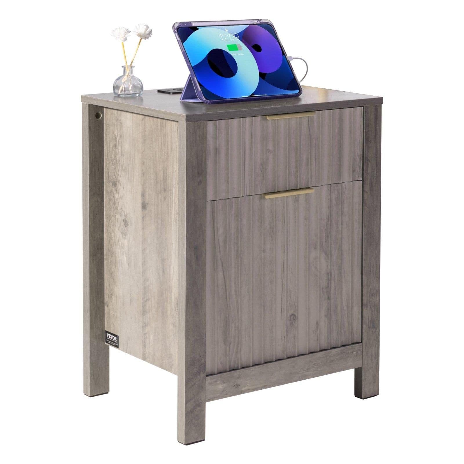 image-VEVOR Farmhouse End Table Set of 2, Nightstand with Charging Station, 3 Tiers Side Table with Storage Cabinet and 2 Drawers, Side Table with USB Ports and Outlets, Ideal for Living Room, Bedroom, Gray