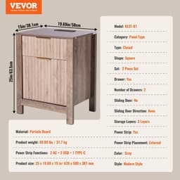 image-VEVOR Farmhouse End Table Set of 2, Nightstand with Charging Station, 3 Tiers Side Table with Storage Cabinet and 2 Drawers, Side Table with USB Ports and Outlets, Ideal for Living Room, Bedroom, Gray