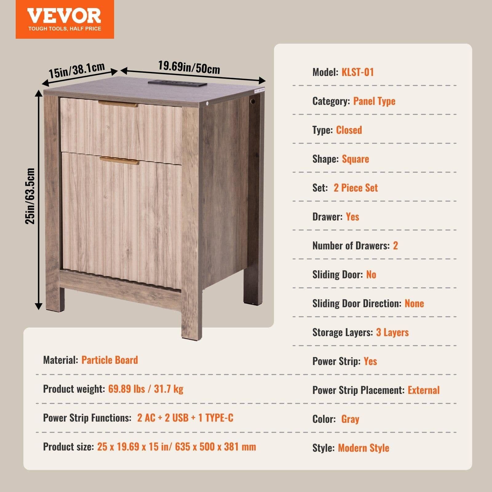 image-VEVOR Farmhouse End Table Set of 2, Nightstand with Charging Station, 3 Tiers Side Table with Storage Cabinet and 2 Drawers, Side Table with USB Ports and Outlets, Ideal for Living Room, Bedroom, Gray