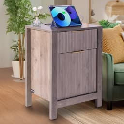 image-VEVOR Farmhouse End Table Set of 2, Nightstand with Charging Station, 3 Tiers Side Table with Storage Cabinet and 2 Drawers, Side Table with USB Ports and Outlets, Ideal for Living Room, Bedroom, Gray