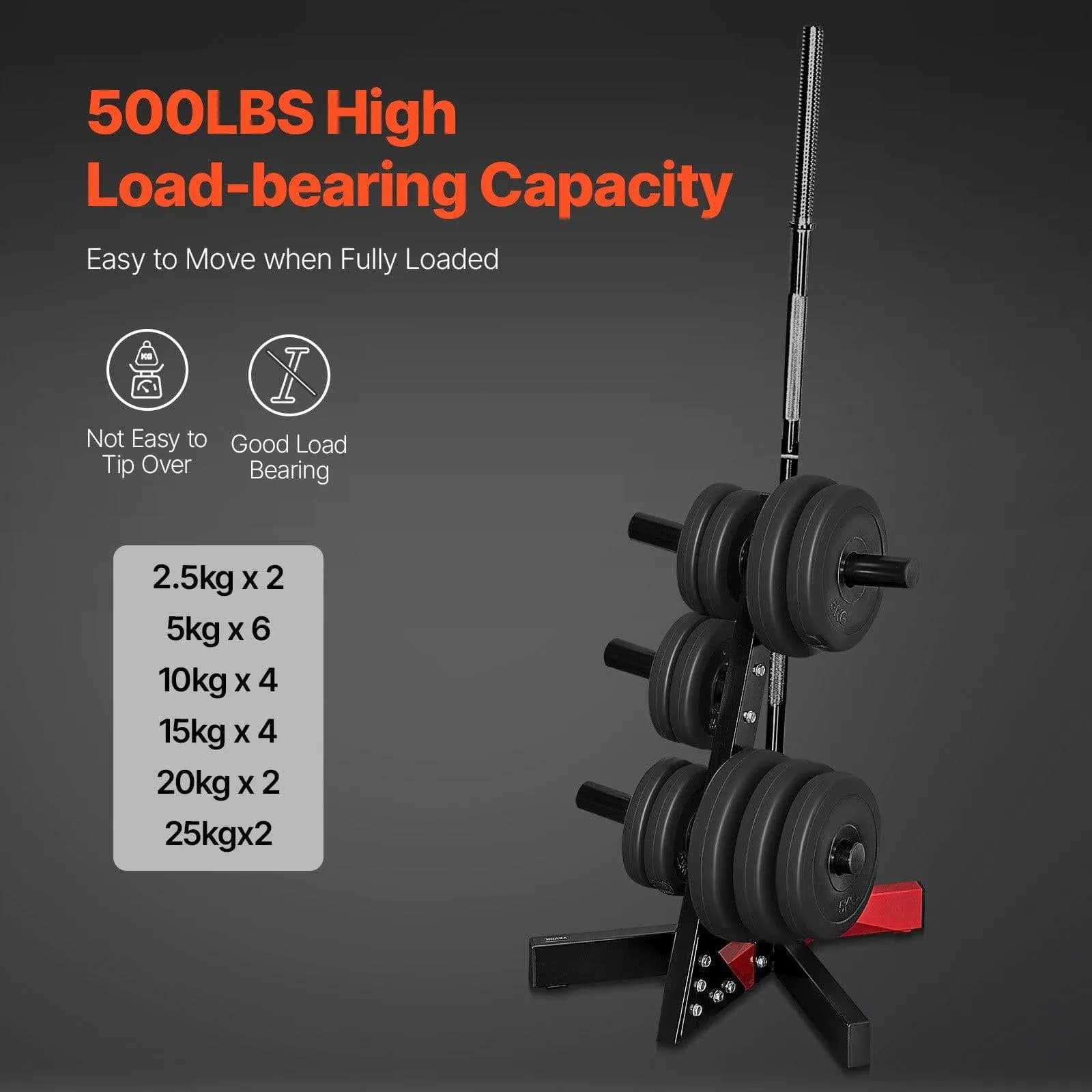 image-VEVOR Weight Plate Rack, L Frame Weight Plate Tree for 2-Inch Weight Plates, Standard Weight Plate Tree, 500 lbs Load Capacity Weight Storage Holder, Home Gym Barbell Rack Storage Stand, Black & Red