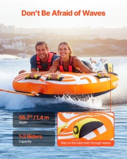 image-VEVOR Towable Tubes for Boating, 1-2 Riders Inflatable Towable Tube for Boat to Pull, 340lbs Capacity Boat Tubes and Towables for Water Sports - with Fins, Double-Stitched Nylon Cover & Padded Handles