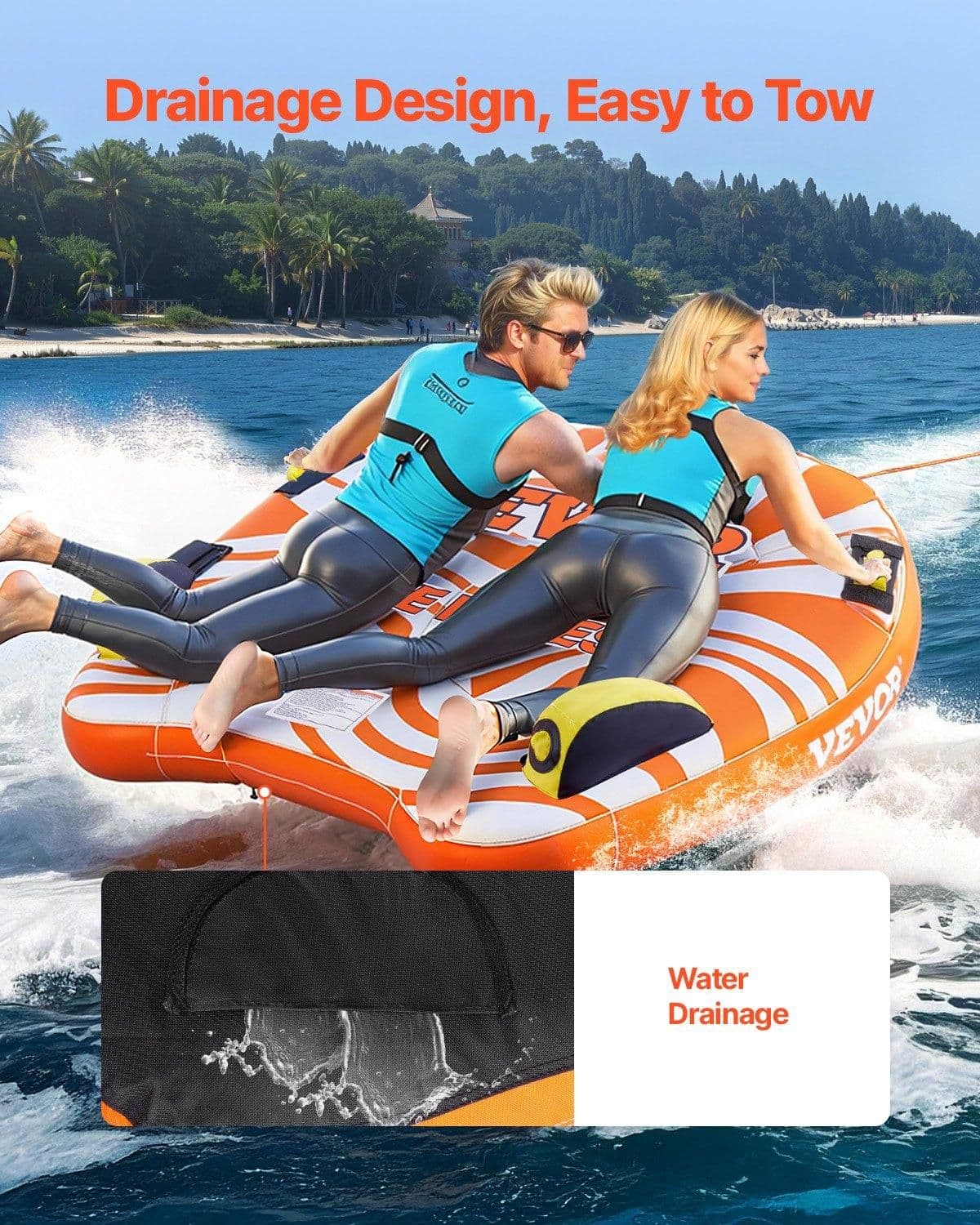 image-VEVOR Towable Tubes for Boating, 1-2 Riders Inflatable Towable Tube for Boat to Pull, 340lbs Capacity Boat Tubes and Towables for Water Sports - with Fins, Double-Stitched Nylon Cover & Padded Handles