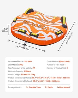 image-VEVOR Towable Tubes for Boating, 1-2 Riders Inflatable Towable Tube for Boat to Pull, 340lbs Capacity Boat Tubes and Towables for Water Sports - with Fins, Double-Stitched Nylon Cover & Padded Handles