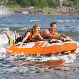 image-VEVOR Towable Tubes for Boating, 1-2 Riders Inflatable Towable Tube for Boat to Pull, 340lbs Capacity Boat Tubes and Towables for Water Sports - with Fins, Double-Stitched Nylon Cover & Padded Handles