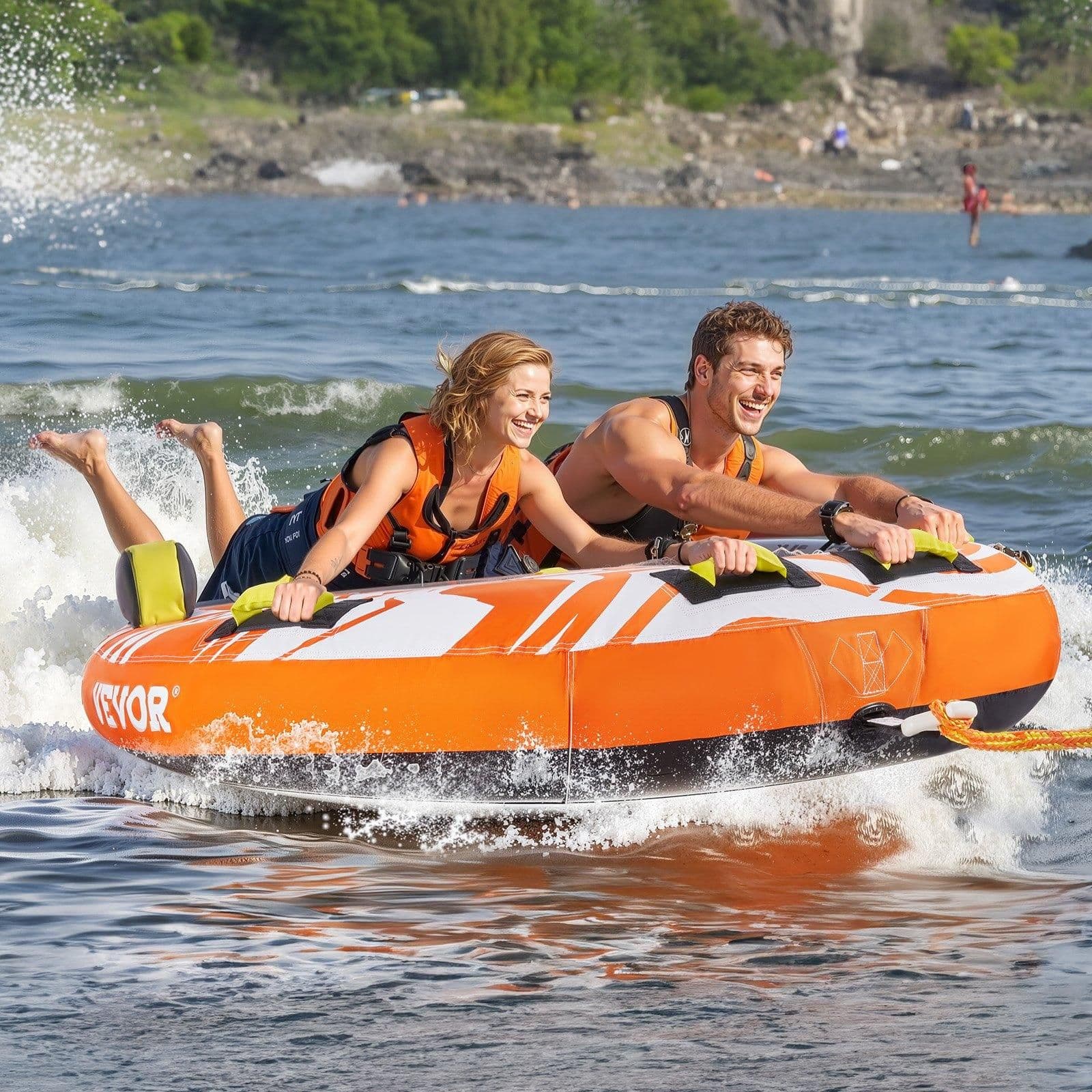 image-VEVOR Towable Tubes for Boating, 1-2 Riders Inflatable Towable Tube for Boat to Pull, 340lbs Capacity Boat Tubes and Towables for Water Sports - with Fins, Double-Stitched Nylon Cover & Padded Handles