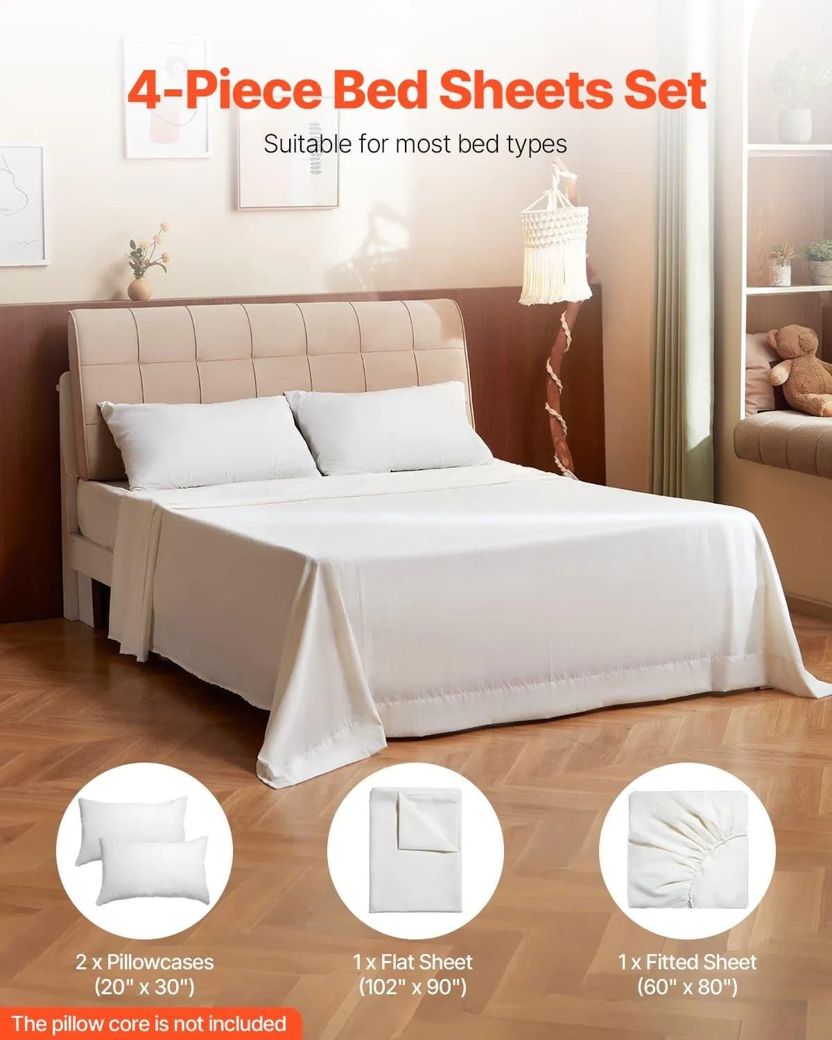image-VEVOR 4-Piece Bed Sheet Set - Queen Size, 100% Brushed Microfiber Bedding Set with 2 Pillowcases, 1 Flat Sheet & 1 Fitted Sheet, Breathable & Wrinkle-Resistant Luxury Bed Sheets with 16" Deep Pocket