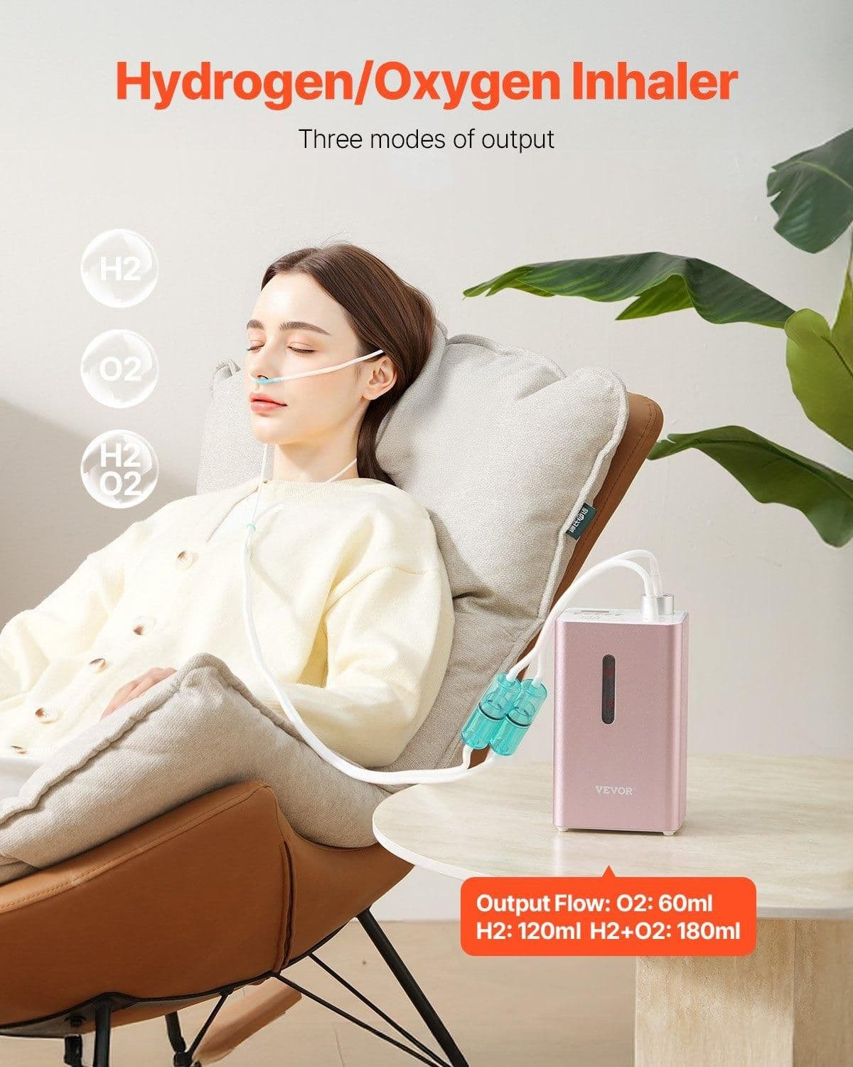 image-VEVOR Hydrogen Inhalation Machine, 99.99% High Purity Hydrogen Inhaler, HO-Separated 180ml/min (120 H+60 O) Dual Port Hydrogen Oxygen Inhaler, Hydrogen-Rich Water Generator for Home Travel