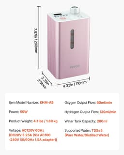 image-VEVOR Hydrogen Inhalation Machine, 99.99% High Purity Hydrogen Inhaler, HO-Separated 180ml/min (120 H+60 O) Dual Port Hydrogen Oxygen Inhaler, Hydrogen-Rich Water Generator for Home Travel