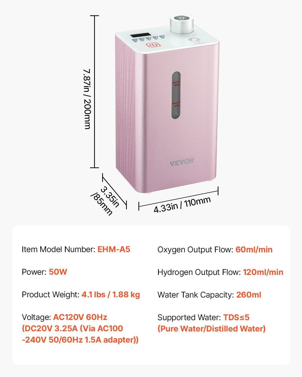 image-VEVOR Hydrogen Inhalation Machine, 99.99% High Purity Hydrogen Inhaler, HO-Separated 180ml/min (120 H+60 O) Dual Port Hydrogen Oxygen Inhaler, Hydrogen-Rich Water Generator for Home Travel
