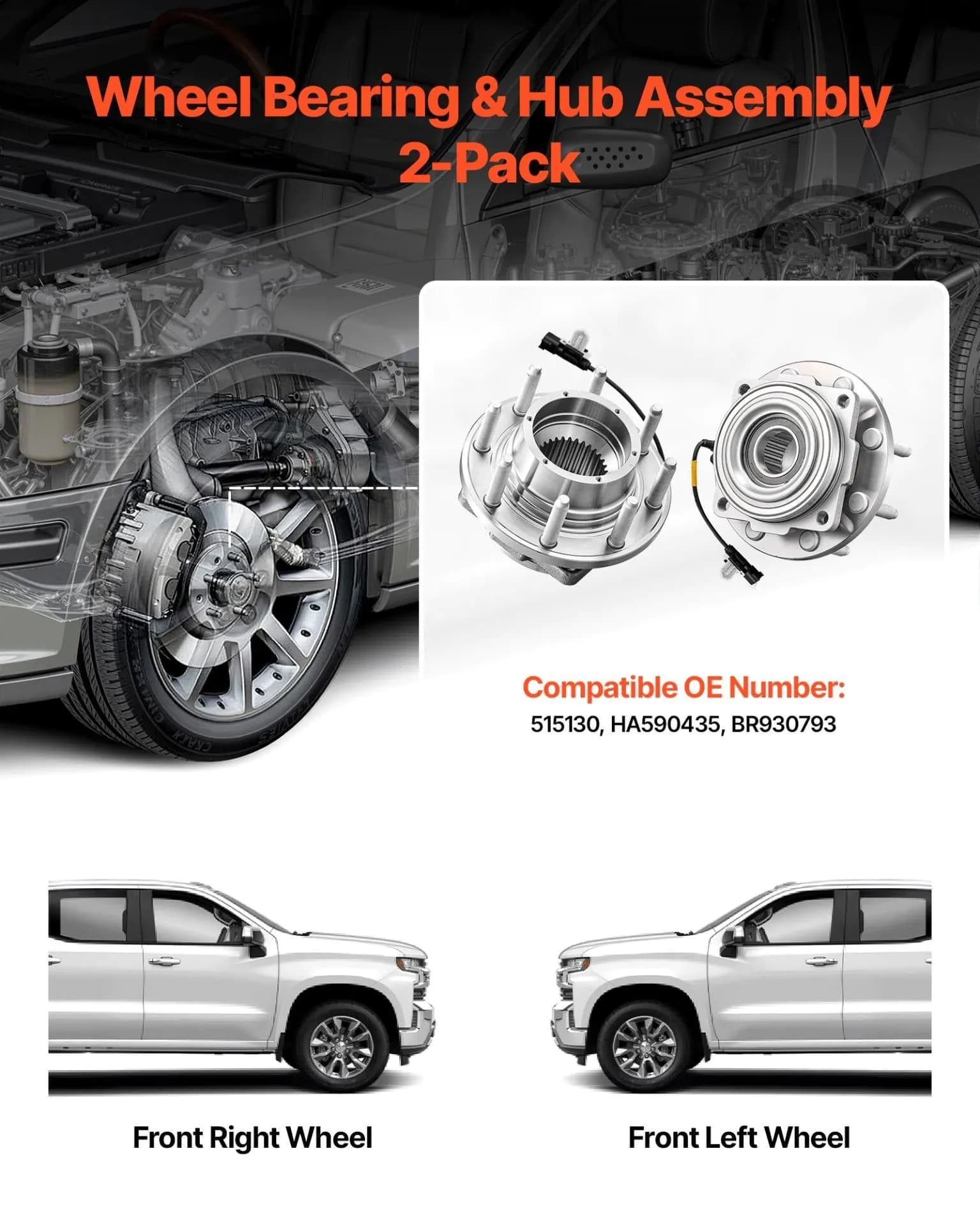 image-VEVOR 2PCS Front Wheel Bearing & Hub Assembly Fit for 2016 Ford F-250 Super Duty Base King Ranch Lariat Platinum XL Crew Cab Pickup 4-Door OEM 515130, Wheel Bearing Hub Assembly Set with ABS Sensor