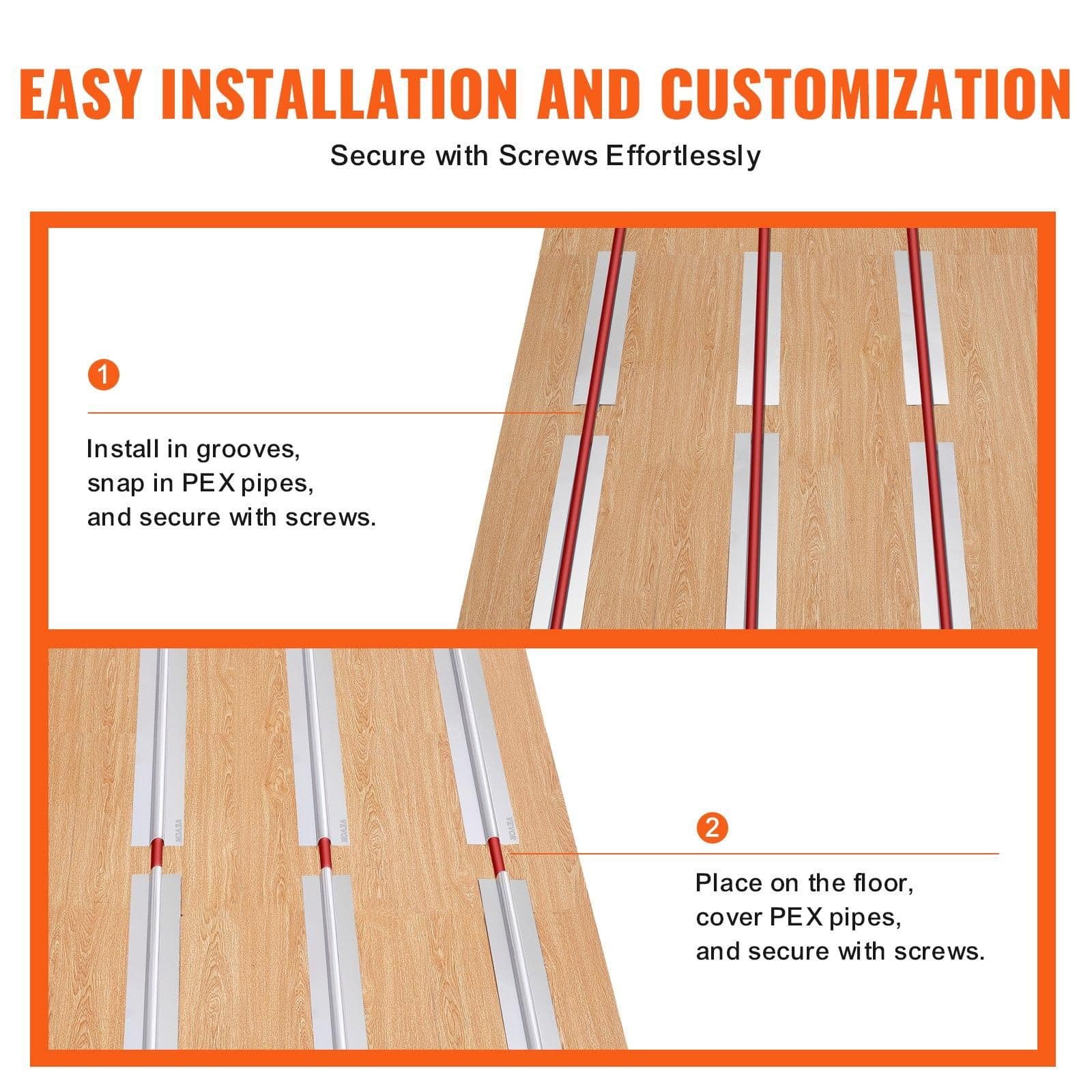 image-VEVOR PEX Heat Transfer Plates 2 ft, Radiant Heat Plates for 3/4" PEX Pipe, Durable Aluminum & Easy Trimming and Install Underfloor Heat Tubing Plates, Perfect for Wooden Floors (200pcs)