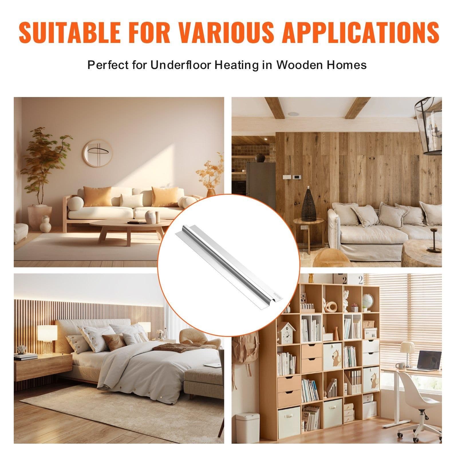 image-VEVOR PEX Heat Transfer Plates 2 ft, Radiant Heat Plates for 3/4" PEX Pipe, Durable Aluminum & Easy Trimming and Install Underfloor Heat Tubing Plates, Perfect for Wooden Floors (200pcs)