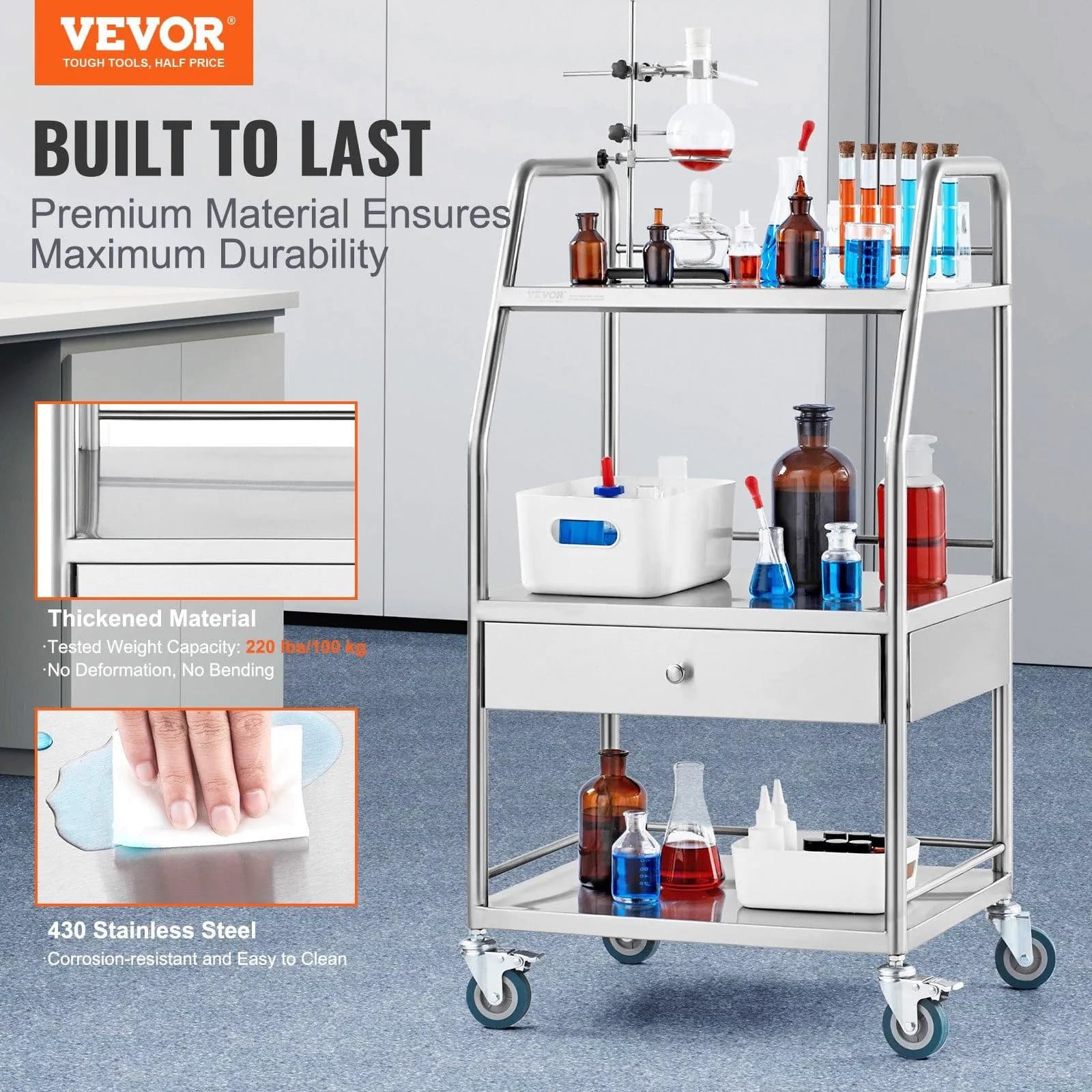 image-VEVOR Lab Serving Cart, 3 Layers Stainless Steel Utility Rolling Cart, Medical Cart with A Drawer, Dental Utility Cart with Lockable Wheels, for Laboratory, Hospital, Dental Use