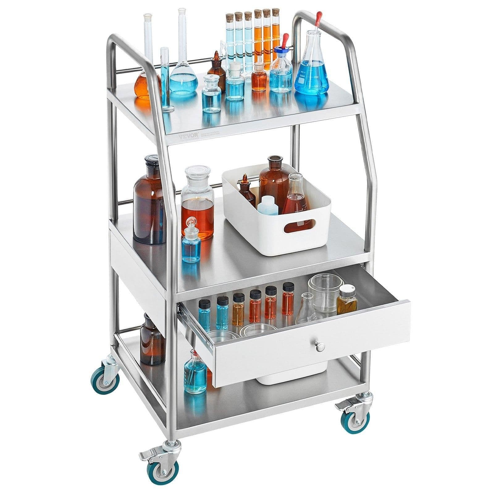 image-VEVOR Lab Serving Cart, 3 Layers Stainless Steel Utility Rolling Cart, Medical Cart with A Drawer, Dental Utility Cart with Lockable Wheels, for Laboratory, Hospital, Dental Use