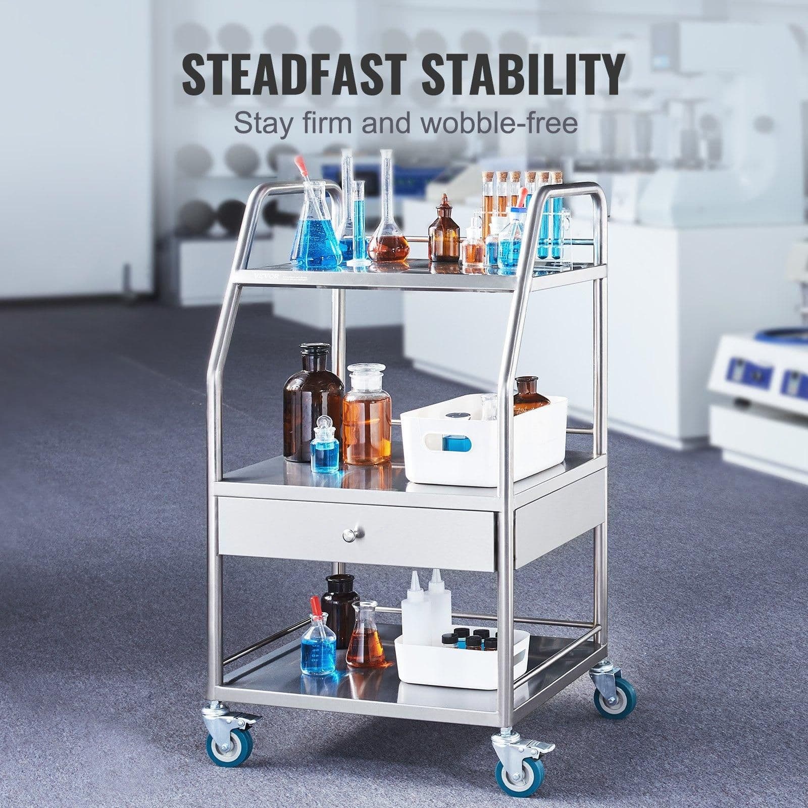 image-VEVOR Lab Serving Cart, 3 Layers Stainless Steel Utility Rolling Cart, Medical Cart with A Drawer, Dental Utility Cart with Lockable Wheels, for Laboratory, Hospital, Dental Use