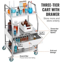 image-VEVOR Lab Serving Cart, 3 Layers Stainless Steel Utility Rolling Cart, Medical Cart with A Drawer, Dental Utility Cart with Lockable Wheels, for Laboratory, Hospital, Dental Use