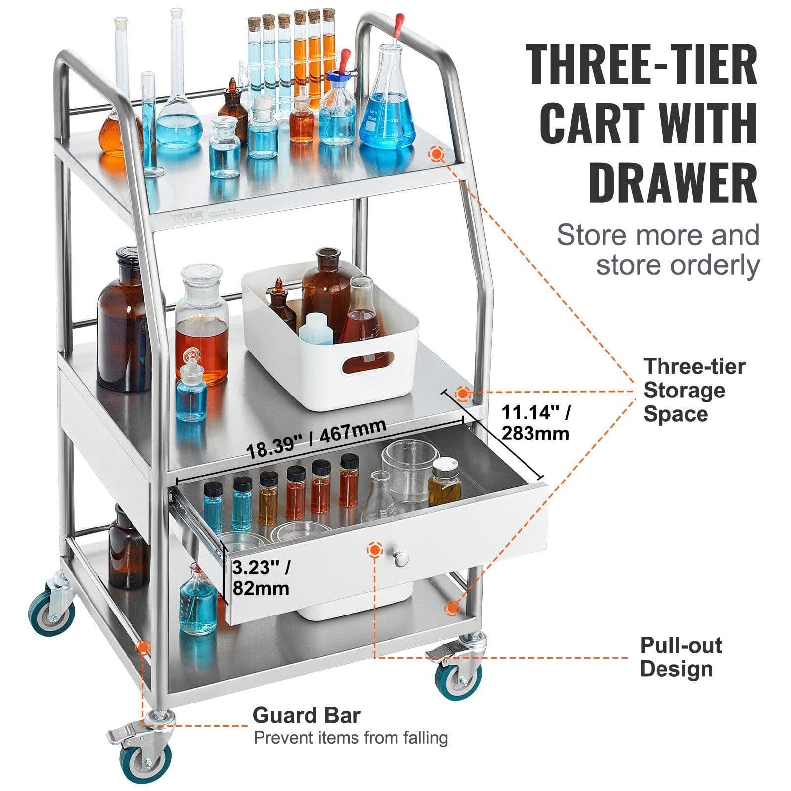 image-VEVOR Lab Serving Cart, 3 Layers Stainless Steel Utility Rolling Cart, Medical Cart with A Drawer, Dental Utility Cart with Lockable Wheels, for Laboratory, Hospital, Dental Use