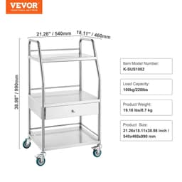 image-VEVOR Lab Serving Cart, 3 Layers Stainless Steel Utility Rolling Cart, Medical Cart with A Drawer, Dental Utility Cart with Lockable Wheels, for Laboratory, Hospital, Dental Use