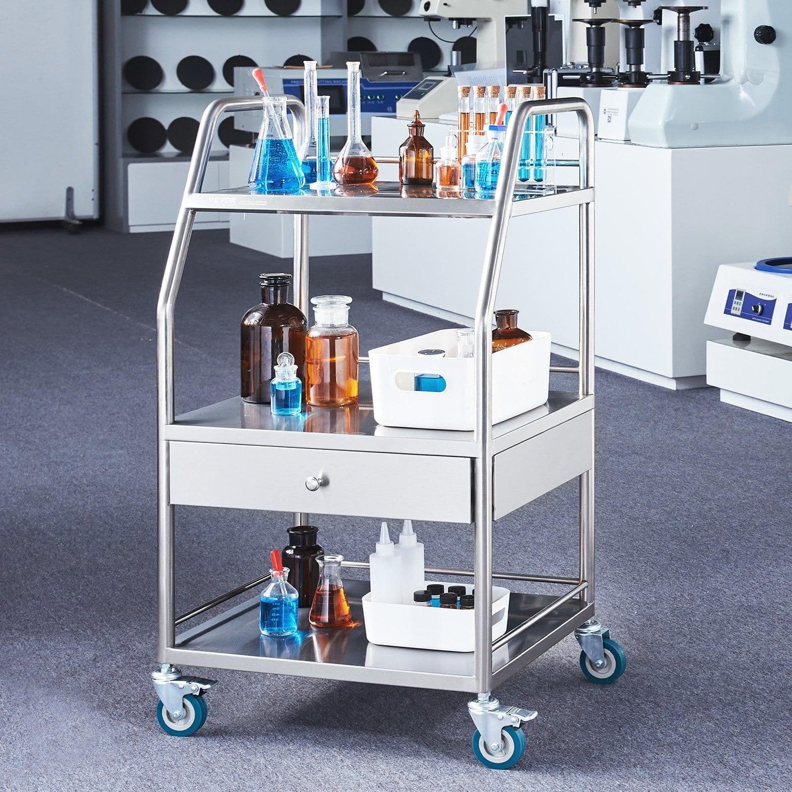 image-VEVOR Lab Serving Cart, 3 Layers Stainless Steel Utility Rolling Cart, Medical Cart with A Drawer, Dental Utility Cart with Lockable Wheels, for Laboratory, Hospital, Dental Use